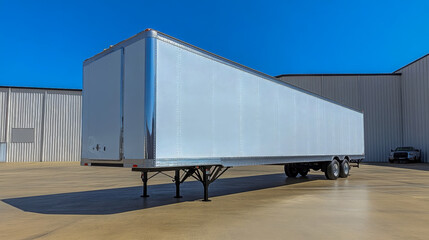 White trailer is parked outside a warehouse on a sunny day with blue sky