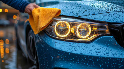 Car detailer is wiping down a wet blue car with a yellow microfiber cloth