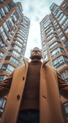 Naklejka premium A man in a brown coat stands in front of a tall building