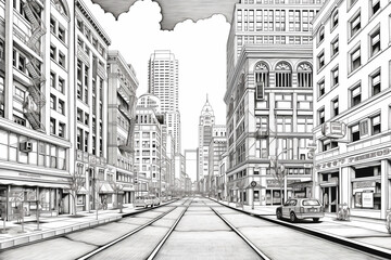 Naklejka premium black and white clean coloring page for adults, street shot of downtown