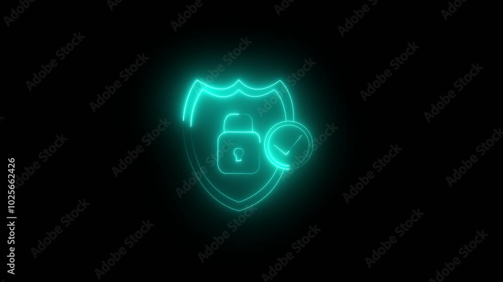 Poster black background lock icon animation with shield glow line – secure and modern design cyan color ico