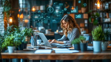 Businesswoman analyzing data and statistics on laptop computer with futuristic digital technology visual effects in modern office