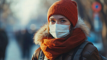 Young woman is wearing a protective face mask while standing on a busy city street