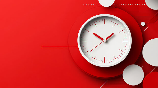 Modern clock face is telling time on a red background with abstract design elements