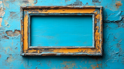 Empty weathered wooden picture frame hanging on rustic blue wall, providing copy space for your message