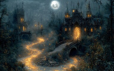 Obraz premium Enchanting moonlit night with glowing castle and firefly-filled pathway