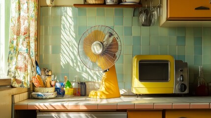 A classic electric fan in a retro kitchen, set against colorful tiles and vintage decor, creating a nostalgic vibe reminiscent of family gatherings in the 1950s.