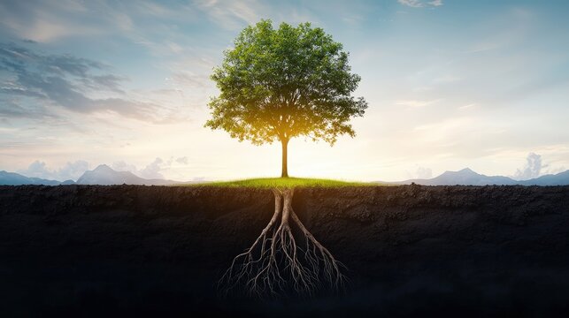 A tree with roots that reach deep into the earth, symbolizing a solid foundation for growth.