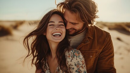 A couple is smiling and hugging on a beach