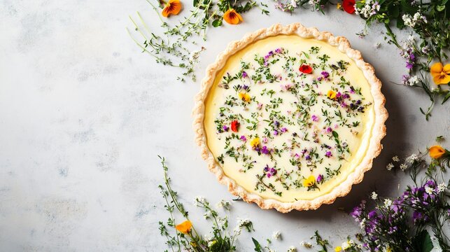 Coronation quiche with buttery pastry crust, isolated on a soft gray background with decorative herbs and edible flowers