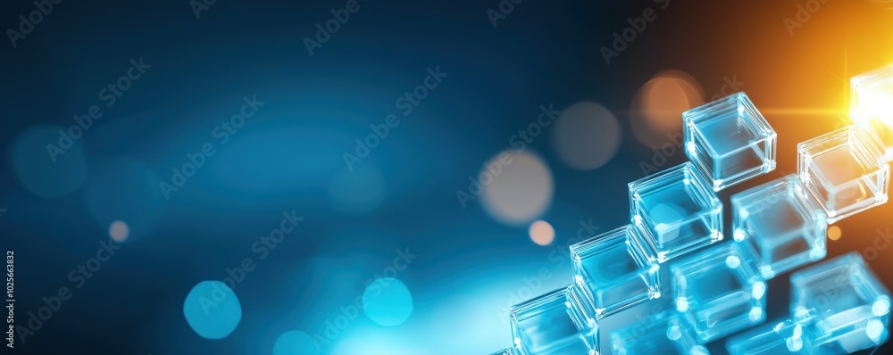 Poster abstract technology background with glowing blocks and blue bokeh lights.