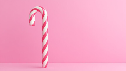 A colorful candy cane standing alone against a soft pink background, perfect for holiday-themed designs and festive imagery.