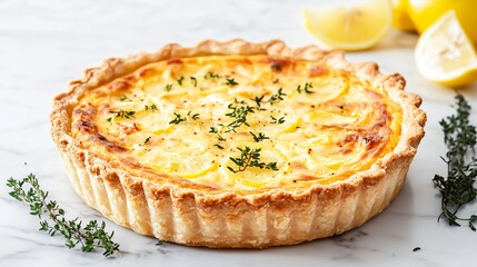 Coronation quiche with golden flaky crust, isolated on a light marble background with sprigs of thyme and lemon wedges
