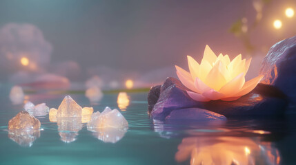 Serene Glow: A single, glowing lotus flower blooms on a serene body of water, surrounded by crystals and soft, ethereal light. The image evokes a sense of peace, tranquility, and spiritual connection.