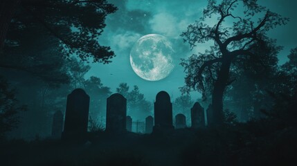 An empty scene featuring a silhouette of a creepy graveyard with crooked tombstones and gnarled trees under a luminous full moon, 