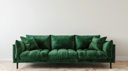Green Velvet Sofa with Cushions in a Minimalist Interior