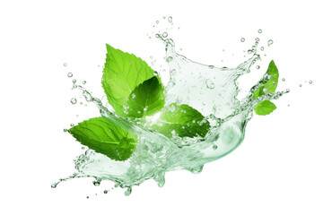 Fresh mint leaves create an energetic splash in clear water with a clean background