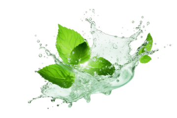 Fresh mint leaves create an energetic splash in clear water with a clean background