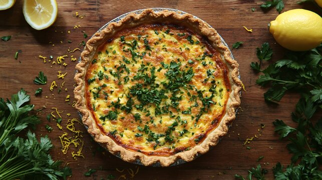 Golden Coronation quiche topped with fresh herbs, isolated on a rustic wood background with lemon zest and parsley sprigs