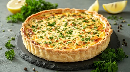 Whole Coronation quiche with cheese and herbs, isolated on a slate gray background with parsley sprigs and lemon wedges