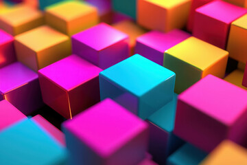 Naklejka premium Colorful Cubes Abstract: A vibrant and abstract composition featuring a multitude of colorful cubes, their glossy surfaces reflecting light and creating a mesmerizing visual experience. 