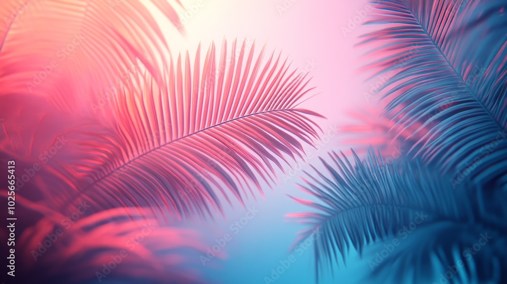 Poster a colorful image of a palm tree with pink and blue leaves
