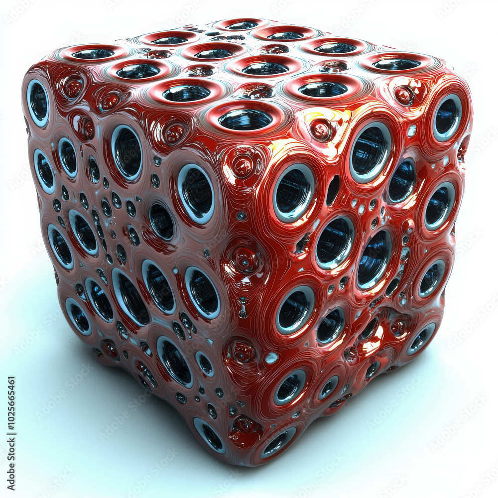 Poster red abstract cube with circular holes