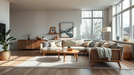 Stylish Scandinavian Living Room with Minimalist Sofa - High-Resolution Interior Photography