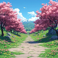 Vibrant Spring Landscape Cartoon Illustration - Fresh Beginnings of the Seasonal Change Outdoors