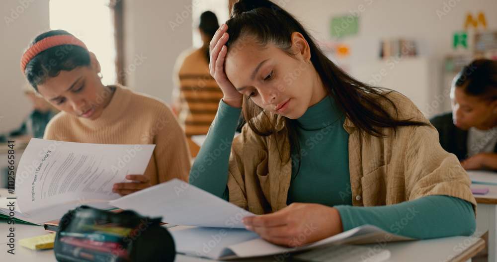 Poster education, thinking or students in high school for exam, assignment or knowledge development in test