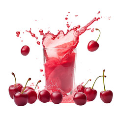Refreshing cherry juice splash with whole cherries on white background during bright daylight