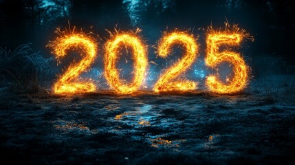 Happy New Year 2025. Burning glowing sparkling text 2025. Beautiful Glowing design element for greeting card and holiday flyer