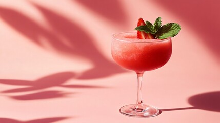 A frozen strawberry margarita in a glass, isolated on a soft pink background with decorative cocktail stirrer and mint leaves