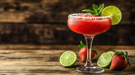 A frozen strawberry margarita served in a salt-rimmed glass, isolated on a warm wooden background with decorative lime slices and mint