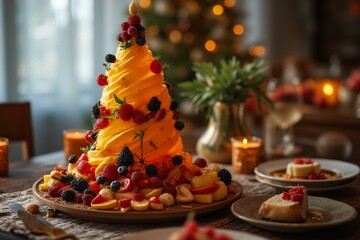 Festive holiday dessert table with fruit tower and candlelit ambiance.