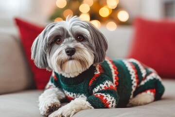 クリスマスの装飾が施された部屋でセーターを着た犬がリラックスしている様子