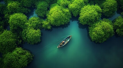 An aerial view of a fisherman on a boat navigating through lush mangroves, the water's surface reflecting the greenery and natural beauty of the surrounding landscape.