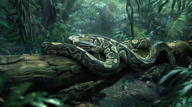 A Green Python Snake Coiled on a Tree Branch in Lush Jungle Foliage