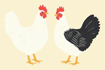 Fototapeta premium Two Roosters Facing Each Other, One White and One Black and White