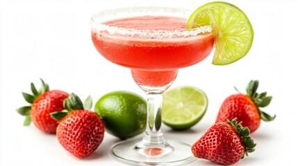 Strawberry margarita with a salt-rimmed glass, isolated on a soft white background with lime wedges and fresh strawberries