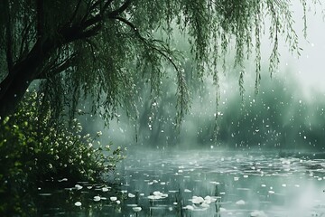 Misty morning with a weeping willow tree over still water, with white flowers and soft rain falling.