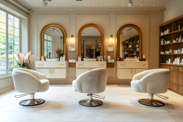Modern, Minimalist hair salon interior design, comfortable seating, Modern Hairdresser salon interior wall. Style clean	