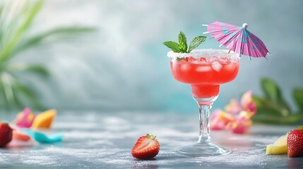 Strawberry margarita with a sugared rim, isolated on a soft gray background with decorative...