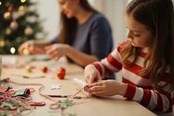 Fototapeta premium Holiday crafting scene with mother and child creating decorations by christmas tree.