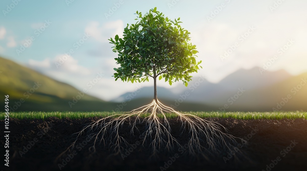 Poster a tree with widely dispersing roots, representing the solid base of an abundant mentality.