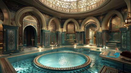 Obraz premium Ornate Indoor Pool with Circular Hot Tub and Intricate Tilework