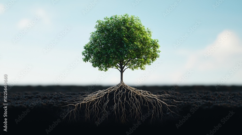Poster a tree with widely dispersing roots, representing the solid base of an abundant mentality.