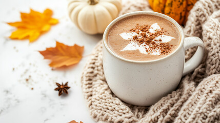 Cozy autumn view of a trendy pumpkin spice hot chocolate in a modern mug surrounded by seasonal decorations on a textured blanket