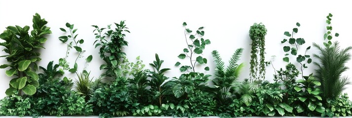 Green Plants Wall Foliage, Lush Vertical Garden with Ferns, Moss, and Leaves on White Background, Nature Asset Concept, Natural Home Decor Design