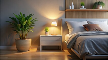Minimalist Night Light on Bedside Table - Serene Bedroom Interior Elements for Peaceful Sleep
